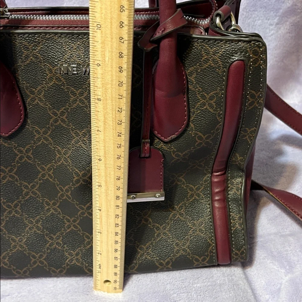 Nine West Burgundy & Brown Monogram Satchel – Faux Leather Crossbody Bag